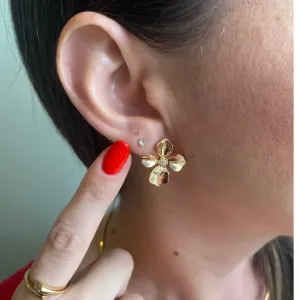 Brinco Flor com Zirconias Coleção Paris Banho Ouro 18k Semijoia