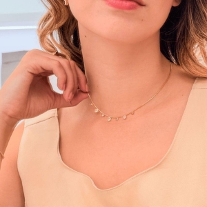 Colar Choker Coração Cristal E Liso Aura 40CM Banhado Em Ouro