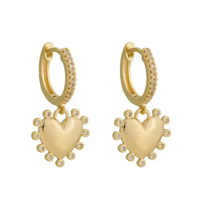 Brinco Argola Karen Cravejada com Coração Banho Ouro 18k Semijoia