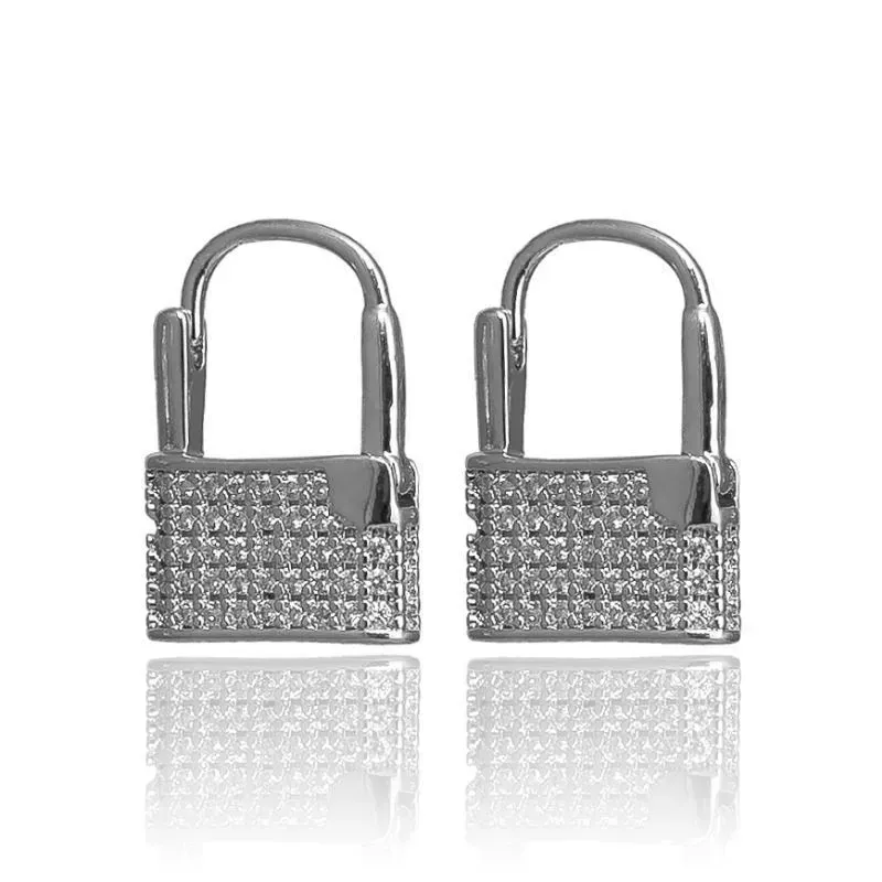 Brinco De Argola Cadeado Cravejado Banho Ródio Branco Semijoia