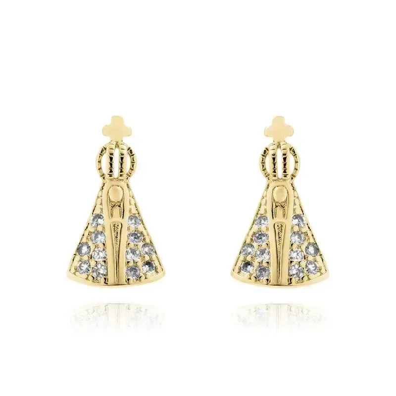 Brinco Nossa Senhora Manto Cristal Banho Ouro 18k Semijoia