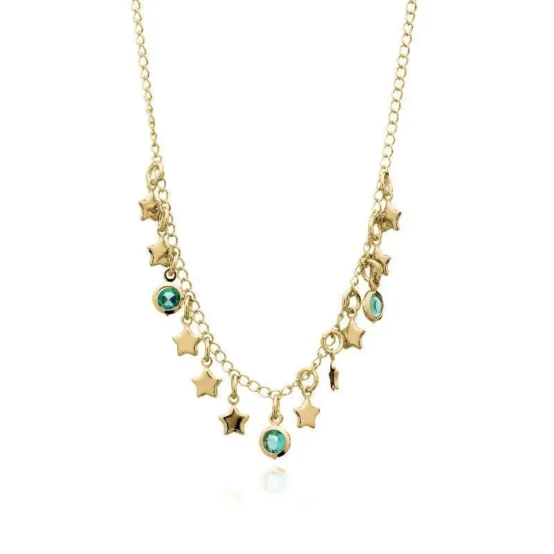 Colar Com Zirconias Turmalina E Estrelas Essencial 40CM Banhado Em Ouro