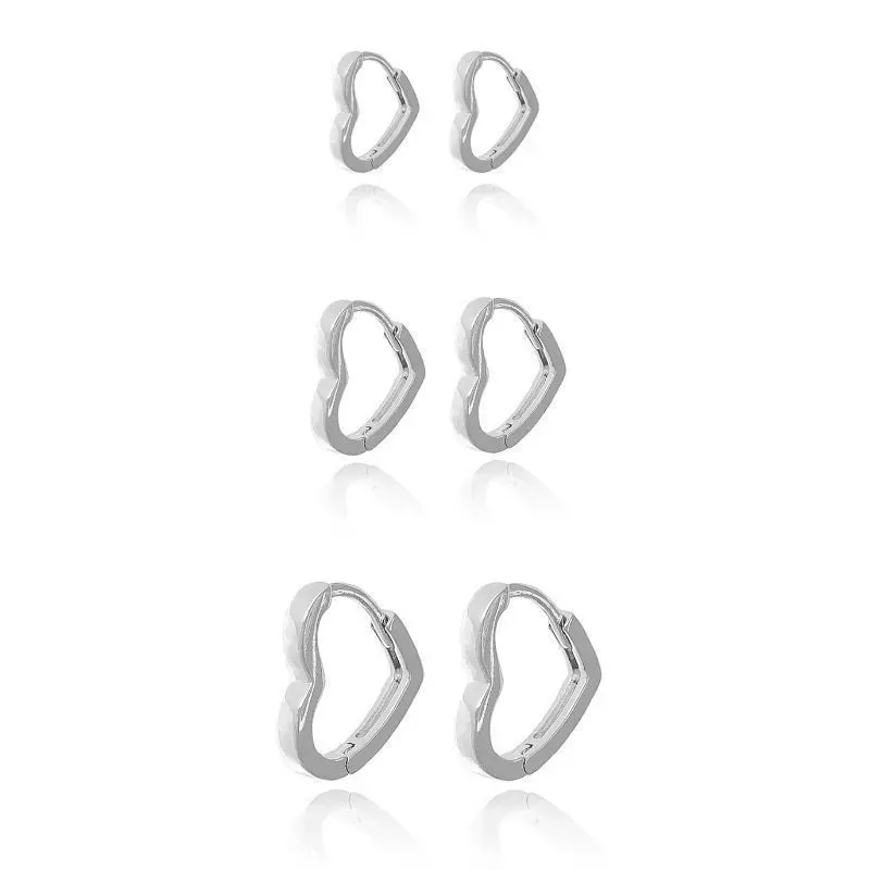 Brinco Trio de Argolas de Coração Banho Ródio Branco Semijoia