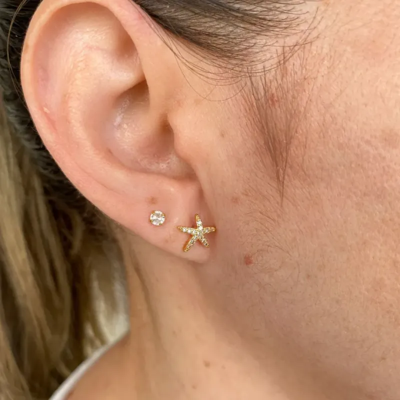 Brinco Estrela do Mar Cravejado Coleção Zurique Banho Ouro 18k Semijoia