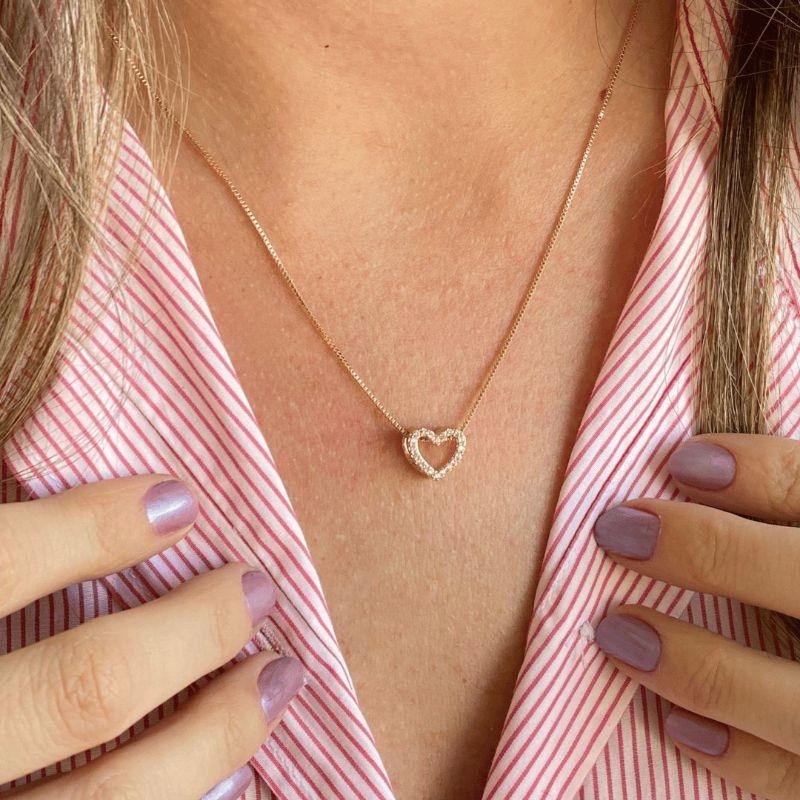 Colar De Coração Cravejado Essencial 45CM Banhado Em Ouro