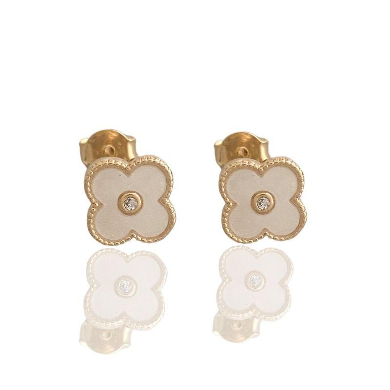Brinco Trevo Madre Pérola Cravejado Banho Ouro 18k Semijoia