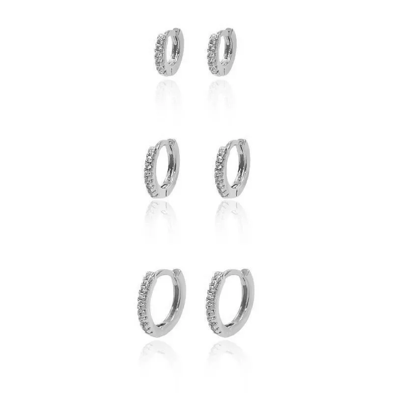 Brinco Trio de Argola Fina Cravejada Banho Ouro 18k Semijoia