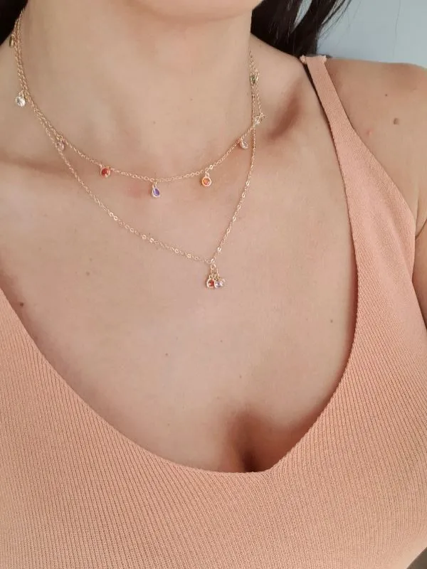 Colar Com Três Ponto De Luz Coloridos Essencial 45CM Banhado Em Ouro