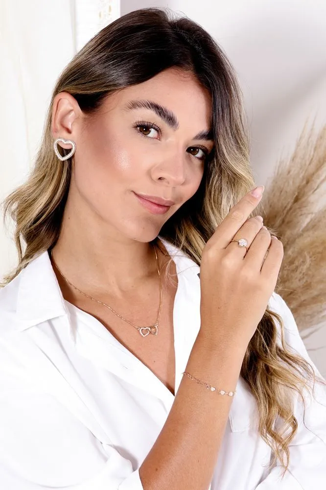 Brinco Coração Vazado Cravejado Grande Banho Ródio Branco Semijoia