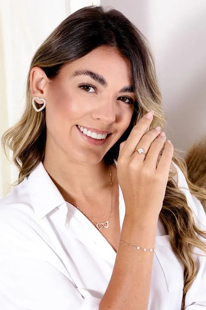 Brinco Coração Vazado Cravejado Grande Banho Ródio Branco Semijoia