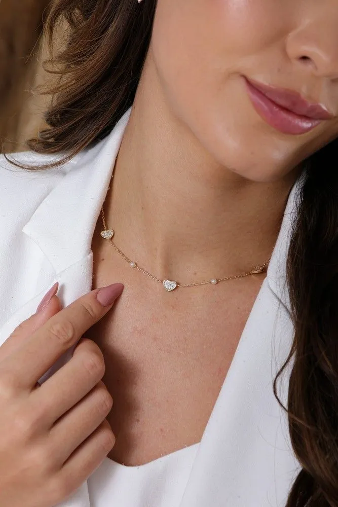 Colar Choker De Corações Cravejados E Perolas Essencial 292115CM
