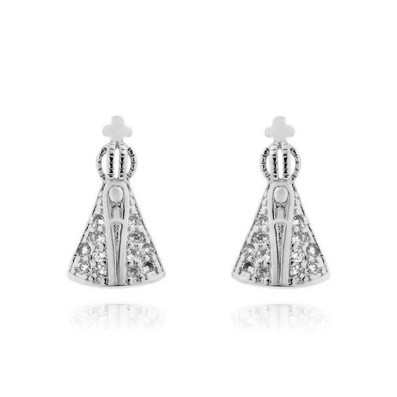 Brinco Nossa Senhora Manto Cristal Banho Ouro 18k Semijoia