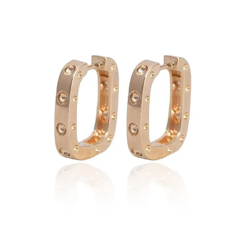 Brinco Argola Retangular Click com Zirconias Grande Banho Ouro 18k Semijoia