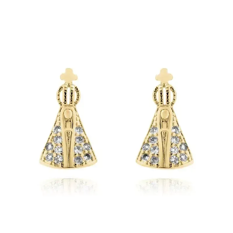 Brinco Nossa Senhora Manto Cristal Banho Ouro 18k Semijoia