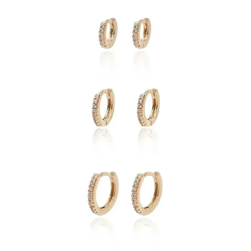 Brinco Trio de Argola Fina Cravejada Banho Ouro 18k Semijoia