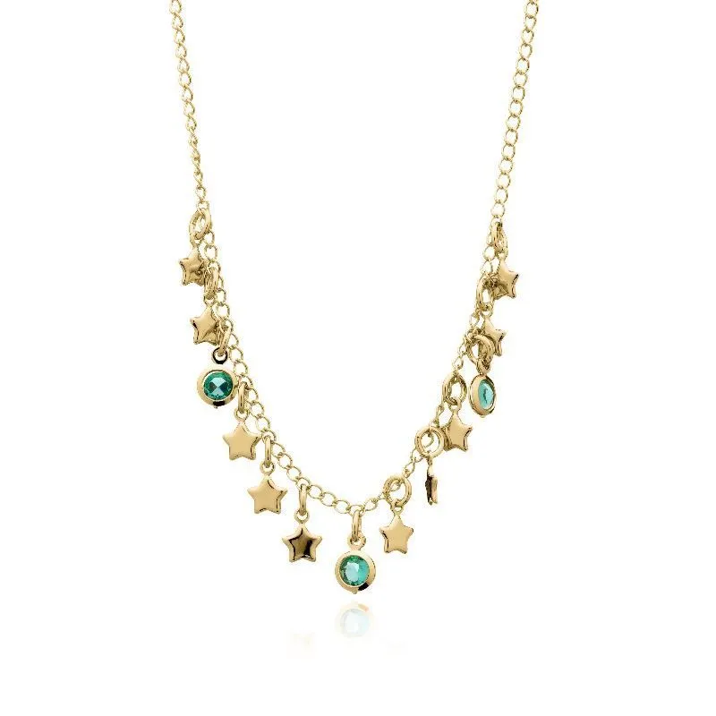 Colar Com Zirconias Turmalina E Estrelas Essencial 40CM Banhado Em Ouro