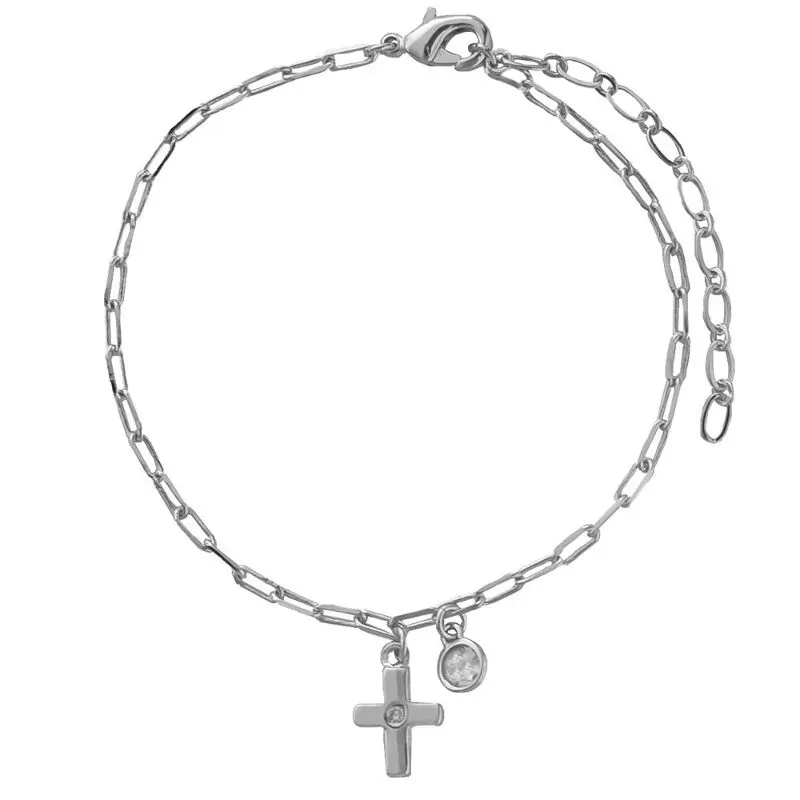 Pulseira De Cruz Com Ponto De Luz Essencial Banhado Em Ródio