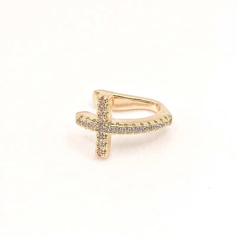 Brinco Piercing de Cruz Cravejado -Fake Banho Ouro 18k Semijoia