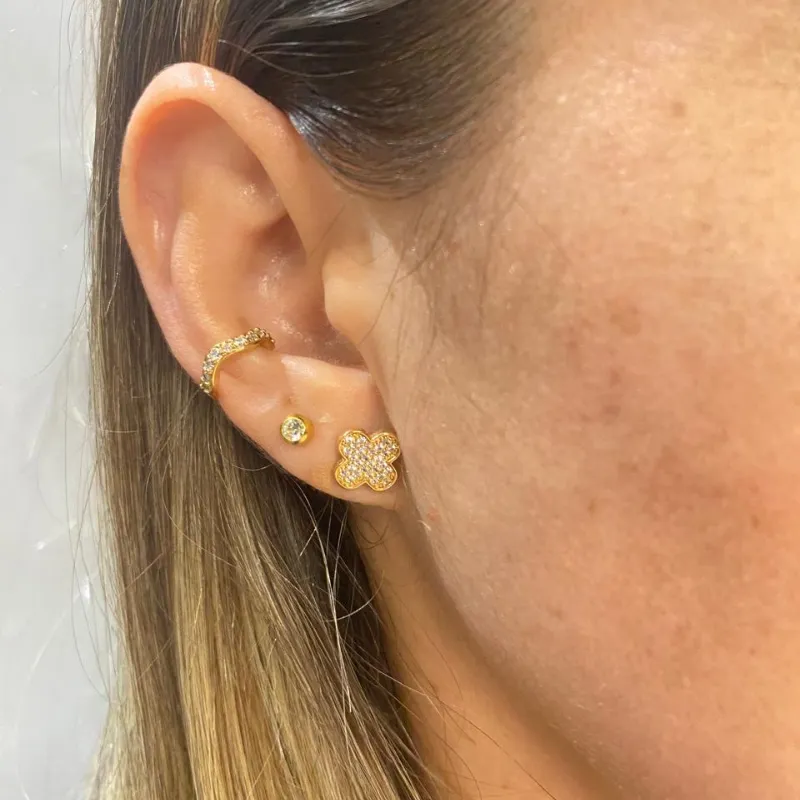 Brinco Piercing Zigzag Cravejado -Fake Banho Ouro 18k Semijoia