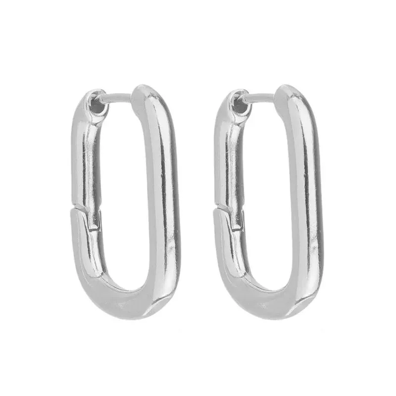 Brinco Argola de Click Retangular Grande Banho Ródio Branco Semijoia