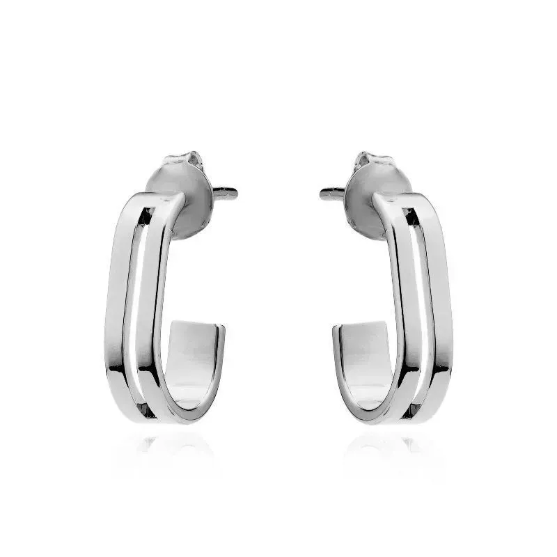 Brinco Argola Retangular Vazada de Tarraxa Pequena Banho Ródio Branco Semijoia