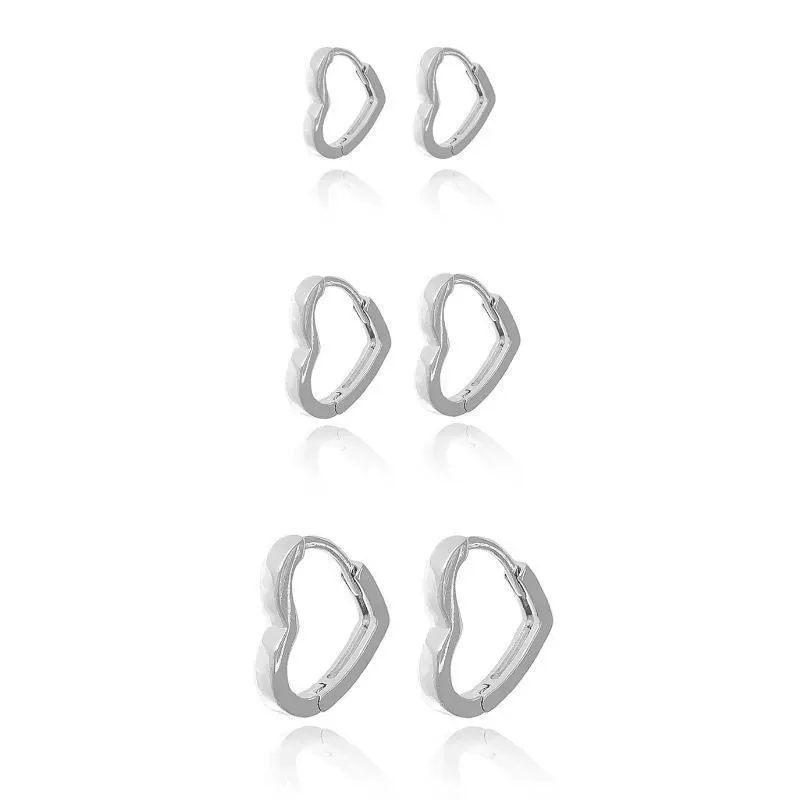Brinco Trio de Argolas de Coração Banho Ródio Branco Semijoia