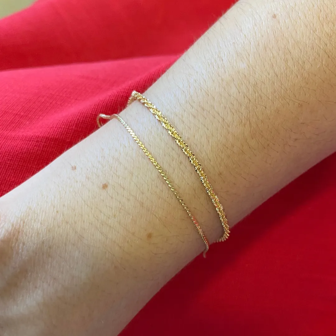 Pulseira Dupla Malha Torcida E Mini Elos Paris Banhado Em Ouro