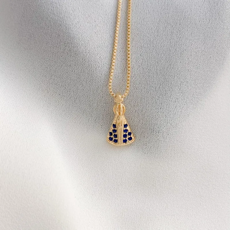 Colar De Nossa Senhora Com Zirconia Azul Best Seller 45CM Banhado Em Ouro