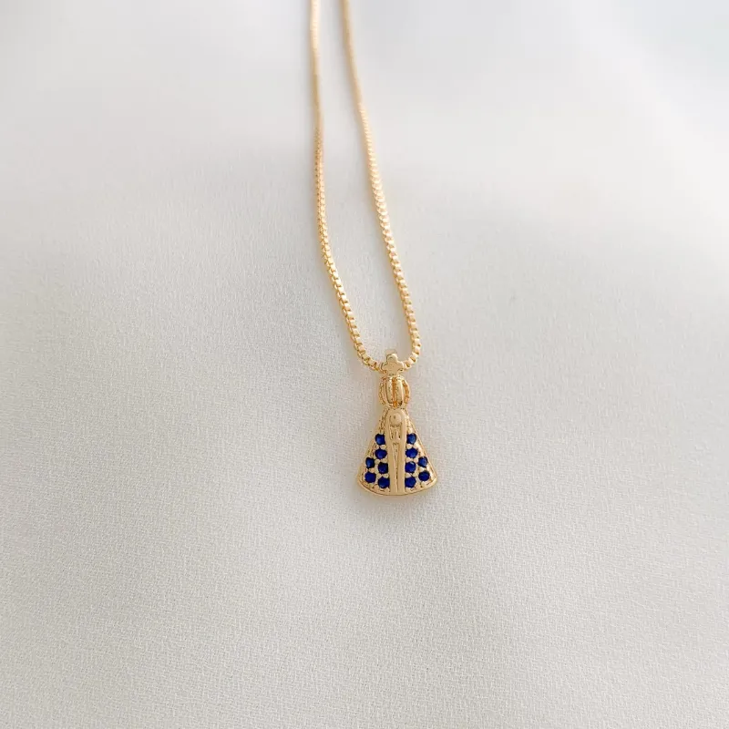 Colar De Nossa Senhora Com Zirconia Azul Best Seller 45CM Banhado Em Ouro
