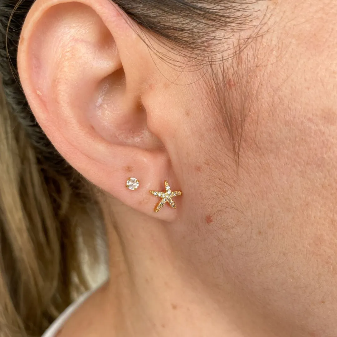 Brinco Estrela do Mar Cravejado Coleção Zurique Banho Ouro 18k Semijoia
