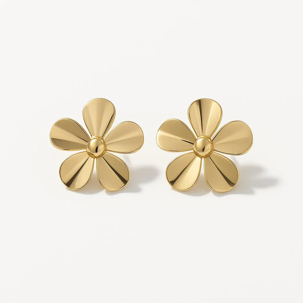 Brinco Flor Liso Grande Banho Ouro 18k Semijoia