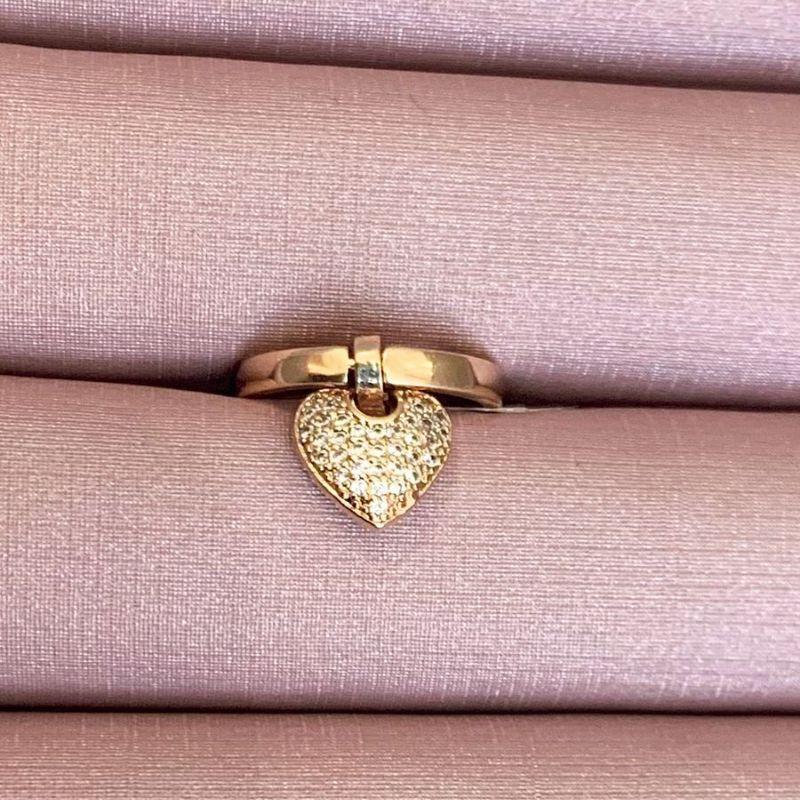 Anel De Coração Pendurado Cravejado Essencial Banhado Em Ouro 18k