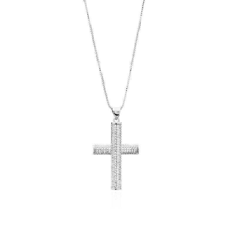Colar Crucifixo Cravejado Essencial 45CM Banhado Em Ródio