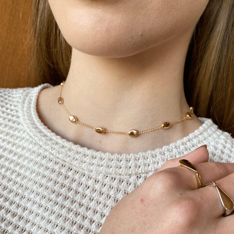 Colar Choker Bola Oval Orgânico Jardim Secreto 40CM Banhado Em Ródio