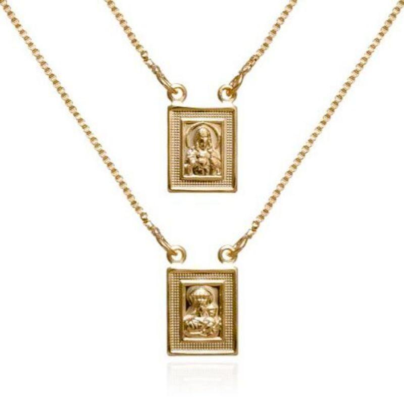 Colar Escapulário De Nossa Senhora E Sagrado Coração De Jesus Essencial 28099CM Banhado Em Ouro