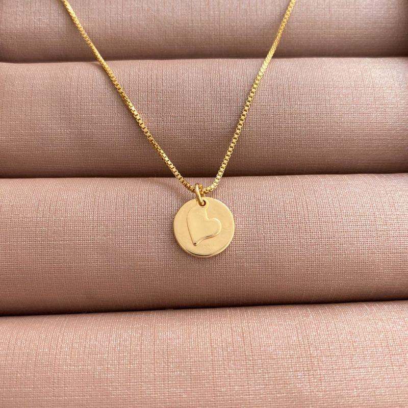Colar Medalha E Coração Liso Jardim Secreto 35CM Banhado Em Ouro