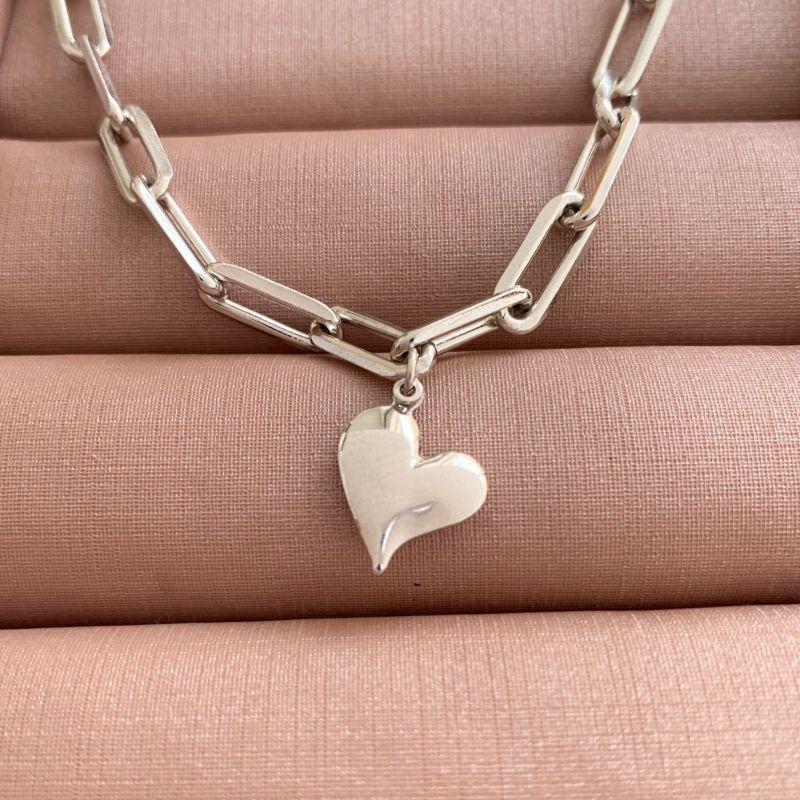 Pulseira De Elos Grandes E Coração Liso Essencial Banhado Em Ródio