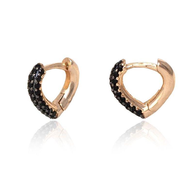Brinco Argola de Coração Cravejado com Zirconias Negra Pequeno Pequeno Banho Ouro 18k Semijoia
