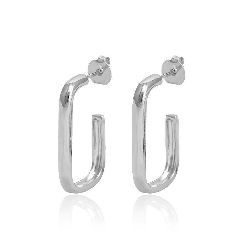 Brinco Argola Retangular Liso Grande Banho Ródio Branco Semijoia