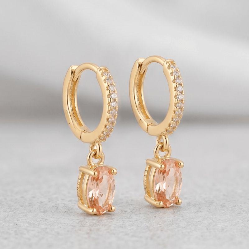 Brinco Argola Rosa Kunzita Cravejada Coleção Aura Banho Ouro 18k