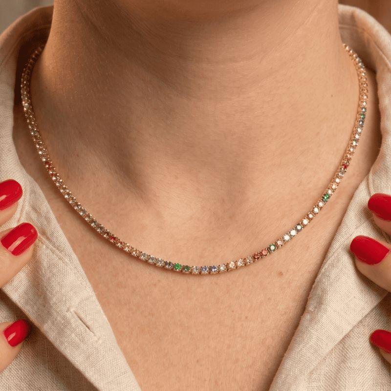 Colar Choker Riviera Colorida 40CM Florescer Banhado Em Ouro
