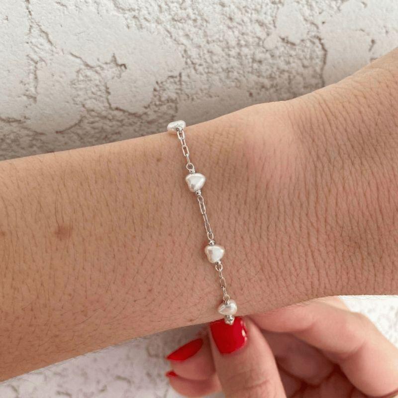 Pulseira Pérola De Coração Delicada Best-seller  Banhado Em Ródio